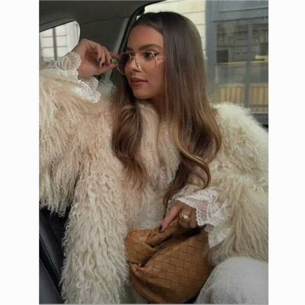 Cream Mongolian Faux Fur Shaggy Coat Jacket Boho Luxe Size L